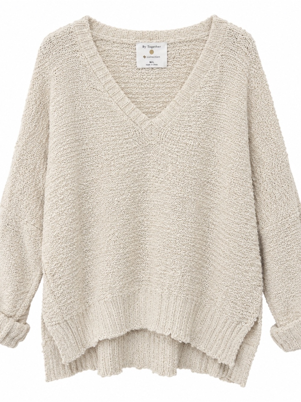 By Together Oatmeal V-Neck Textured Knit Sweater Medium Large
